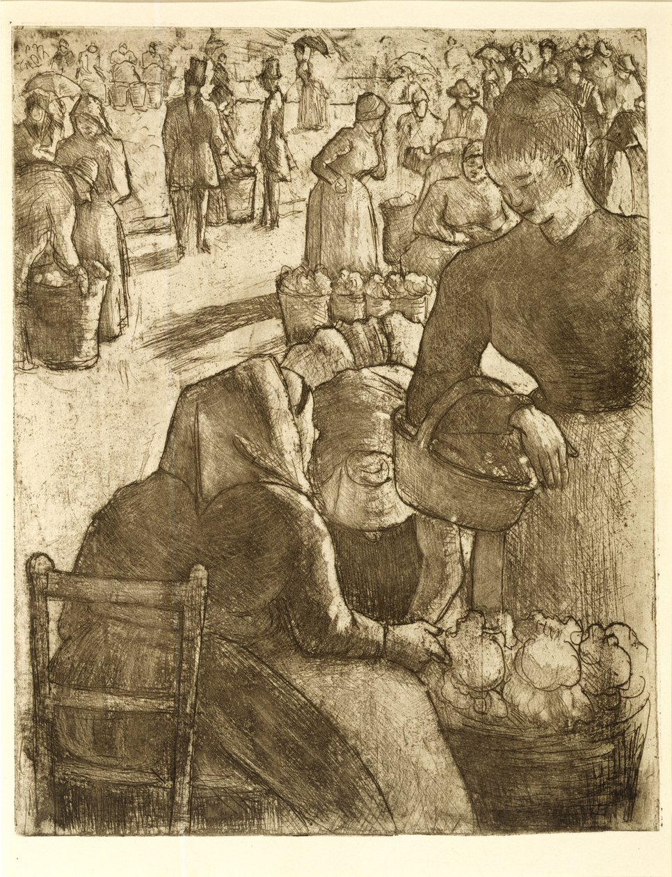 Grøntsagsmarked i Pontoise, 1891 (blød malet ætsning og akvatinte) af Camille Jacob Pissarro