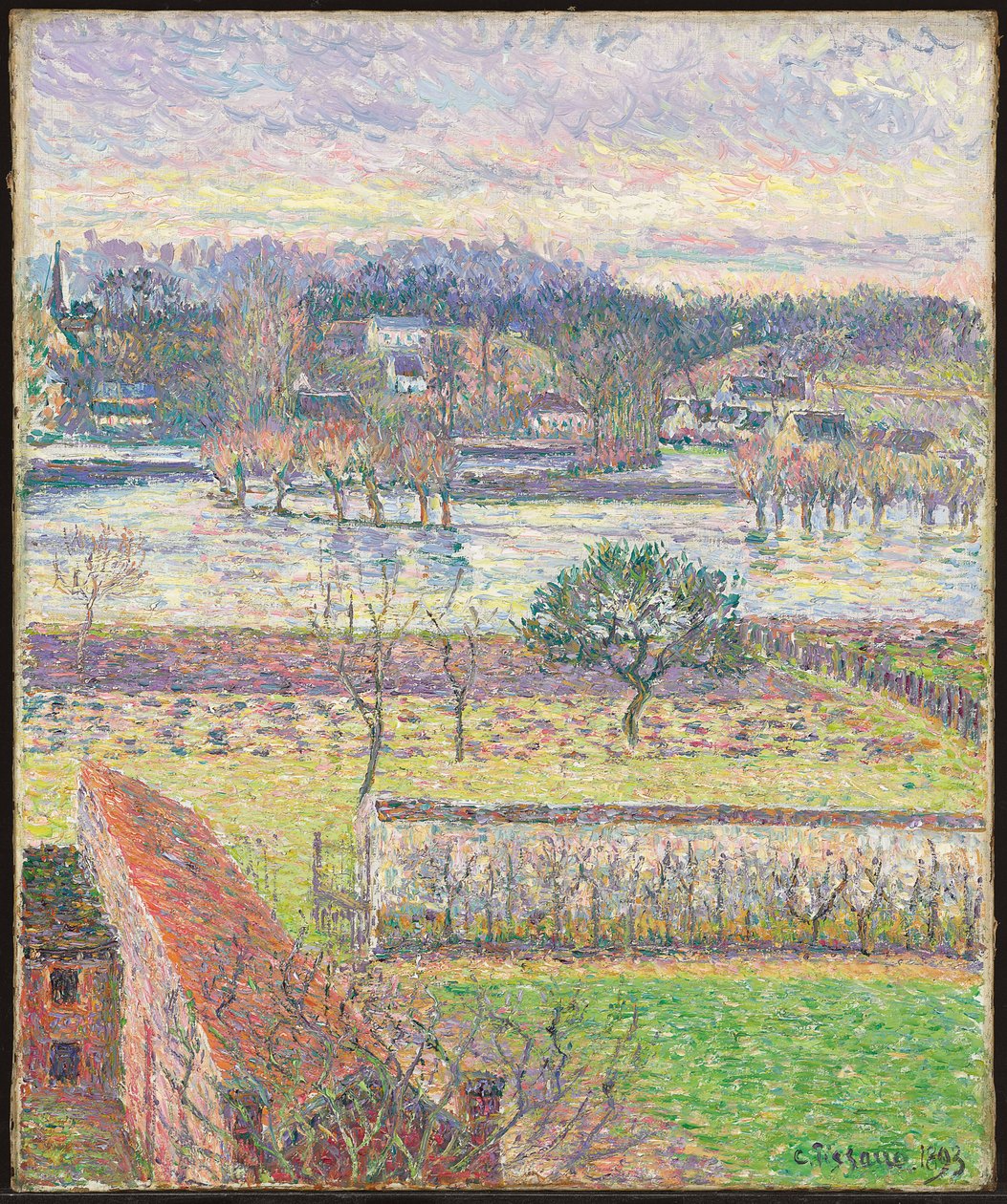 Udsigt fra mit vindue, Oversvømmelse, Aften, Eragny; Udsigt fra mit vindue, oversvømmelse, afteneffekt, Eragny, 1893 af Camille Jacob Pissarro