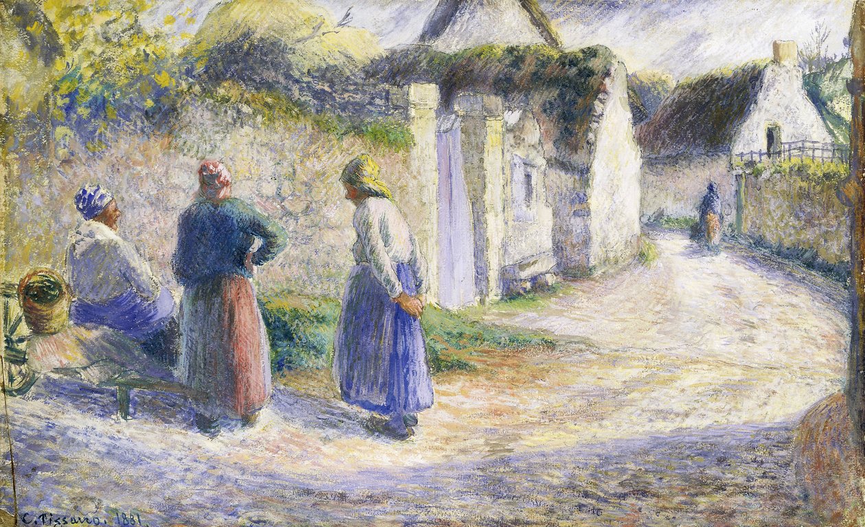 Landsbygade med tre personer til højre af Camille Jacob Pissarro
