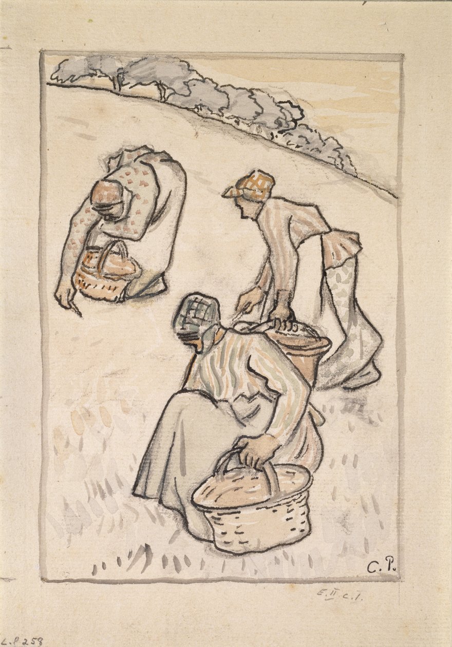 Kvinder, der luger græsset (pen og indisk blæk med wc over trækul på papir) af Camille Jacob Pissarro