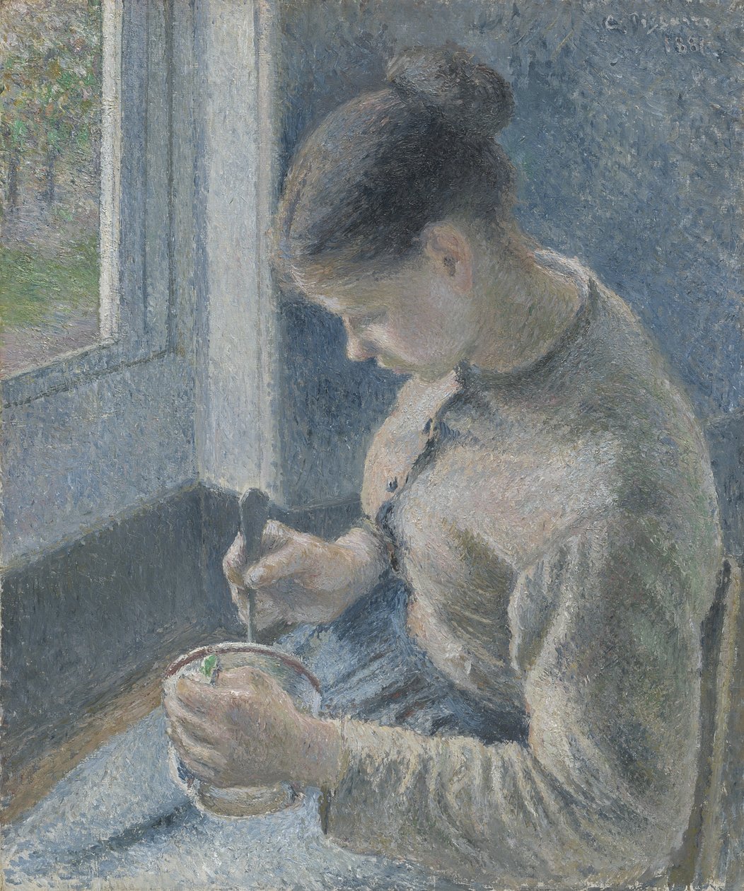 Ung bonde drikker sin kaffe, 1881 af Camille Jacob Pissarro