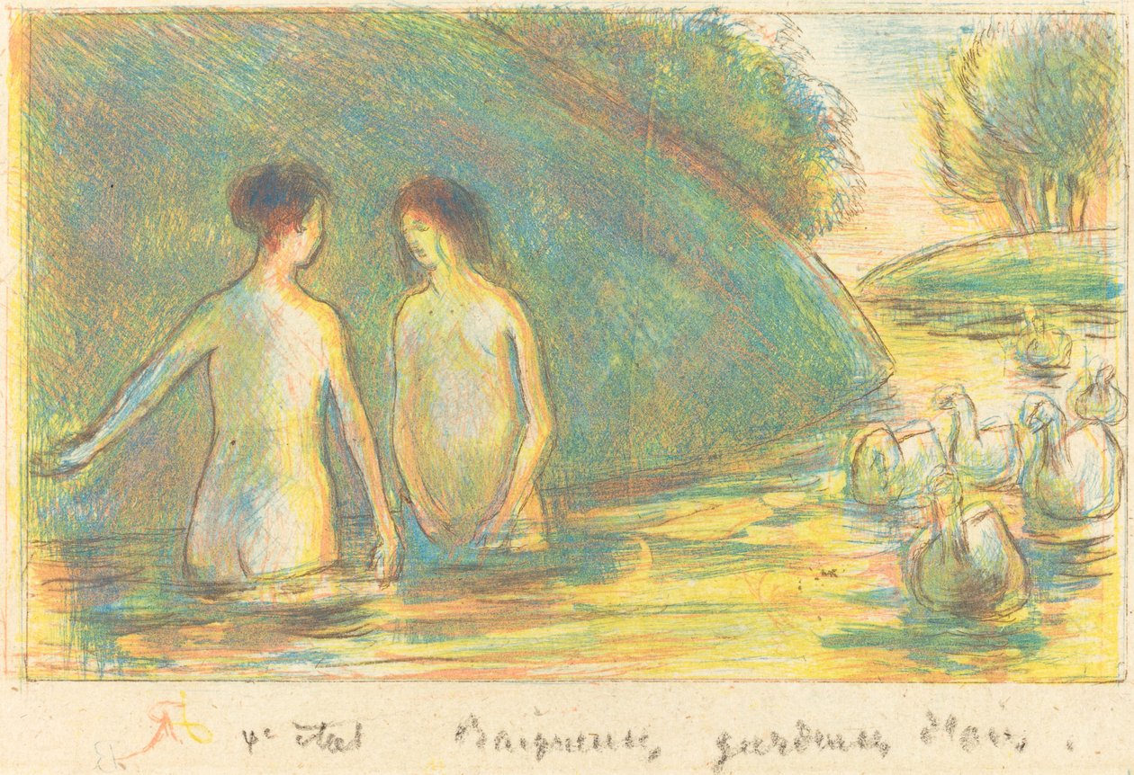 Badende, gåsepassere (badende, der passer gæs) af Camille Pissarro
