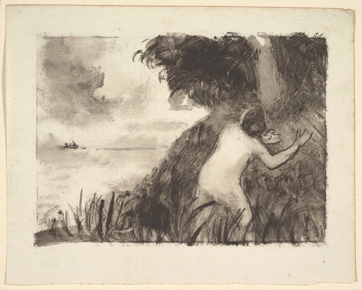 Badende stående blandt græsser ved kysten, ca. 1894. af Camille Jacob Pissarro
