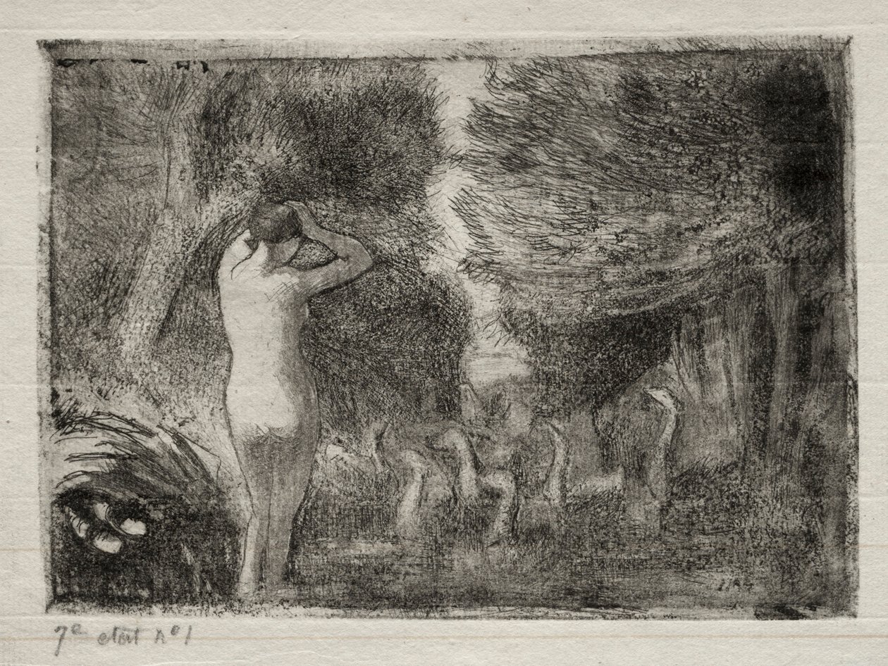Badegæster og gæs af Camille Pissarro