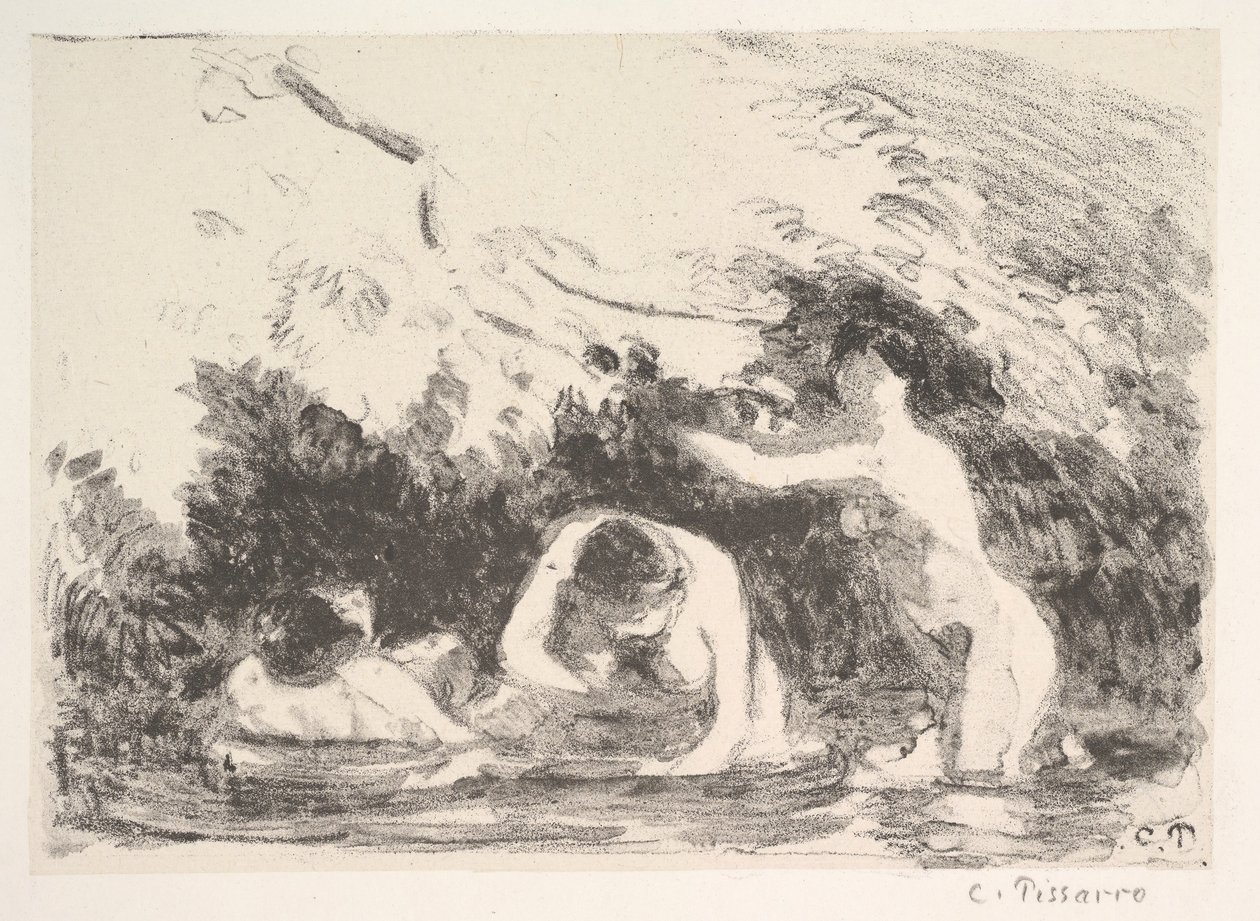 Badende i skyggen af skovklædte banker, 1894. af Camille Jacob Pissarro
