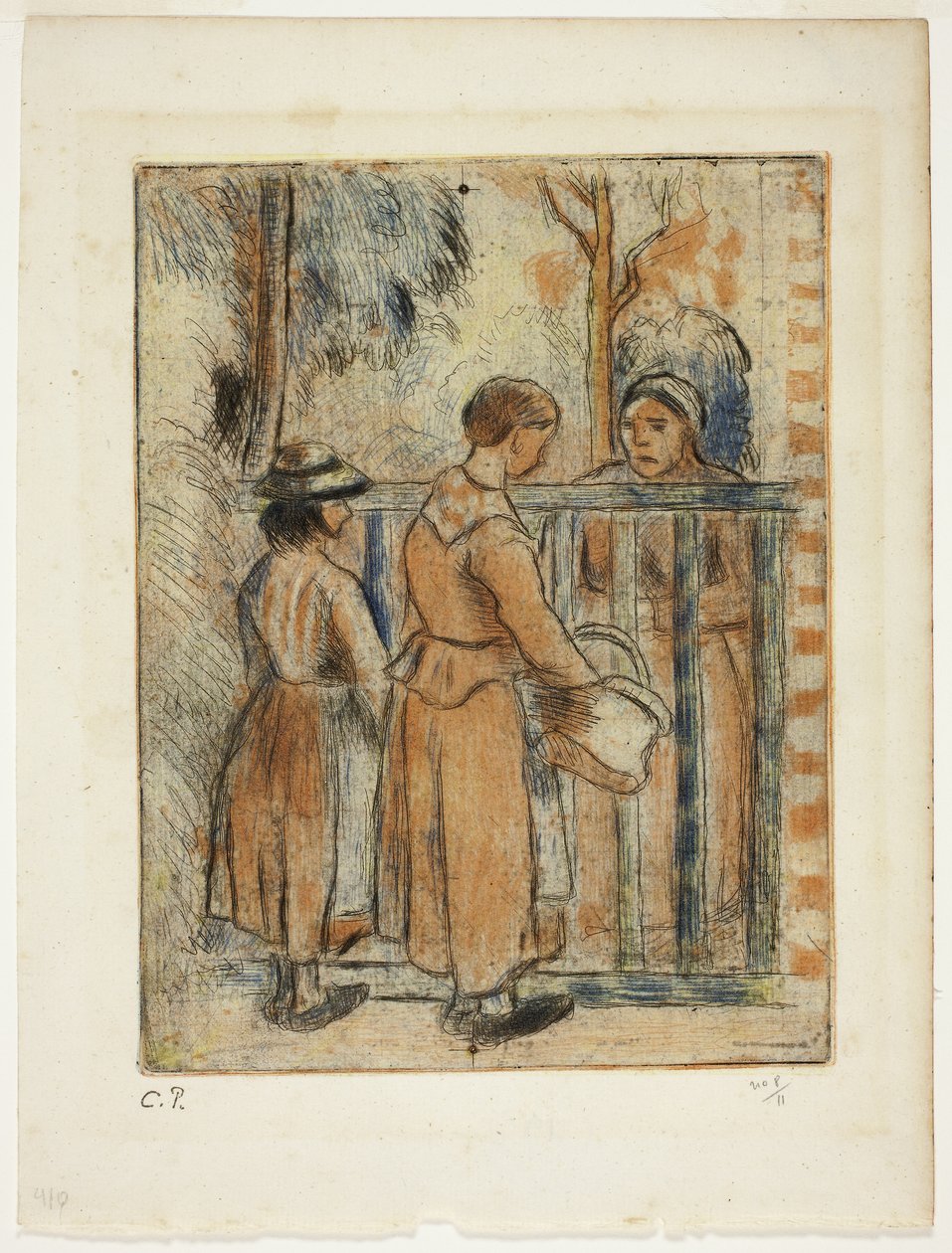 Beggar Women, ca. 1894 (farveætsning, koldnål og akvatinte på elfenbenspapir) af Camille Pissarro