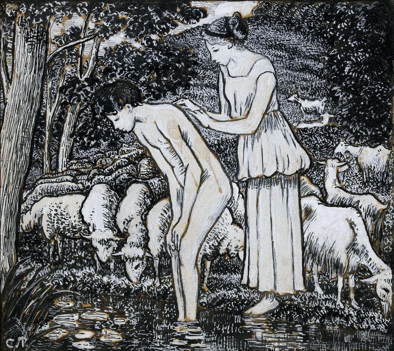 Chloë vasker Daphnis ved et vandløb, kompositionsstudie til en illustration, c1895 af Camille Pissarro
