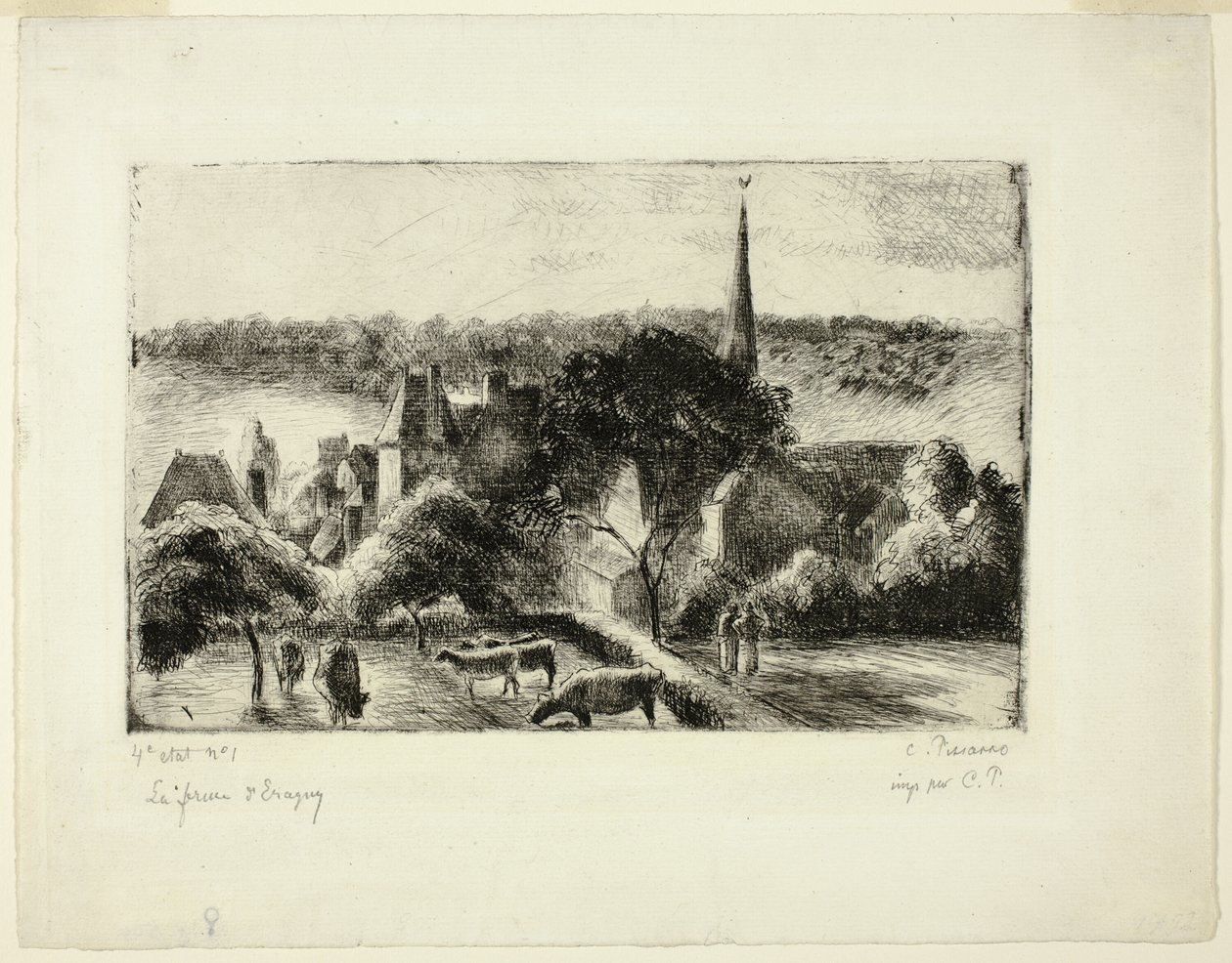 Kirke og gård i Éragny af Camille Pissarro