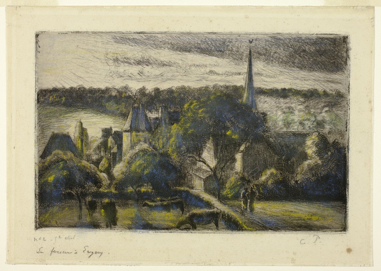 Kirke og gård i Éragny af Camille Pissarro