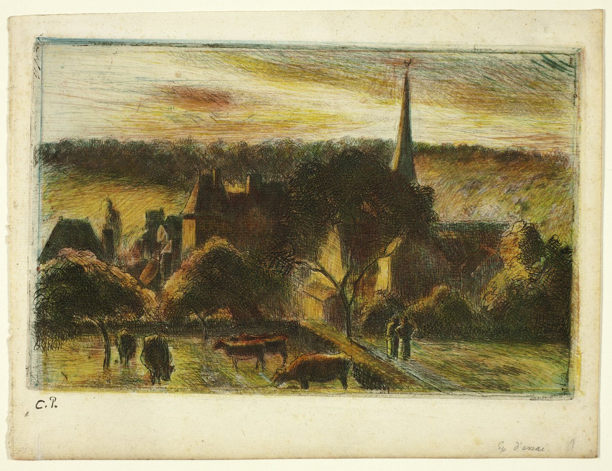 Kirke og gård i Éragny af Camille Pissarro