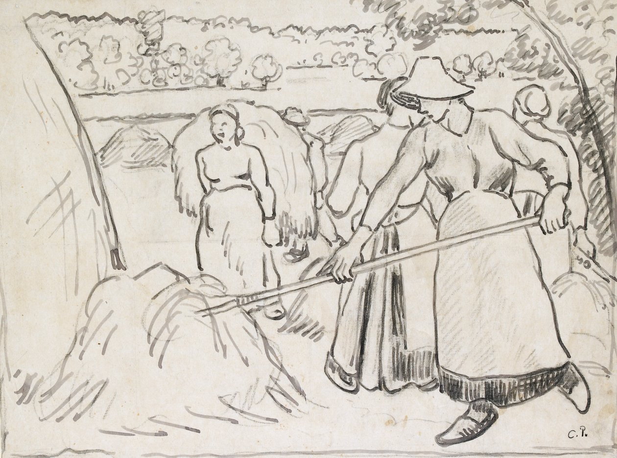 Kompositionsstudie af mejetærskere i et landskab, c1893 af Camille Pissarro