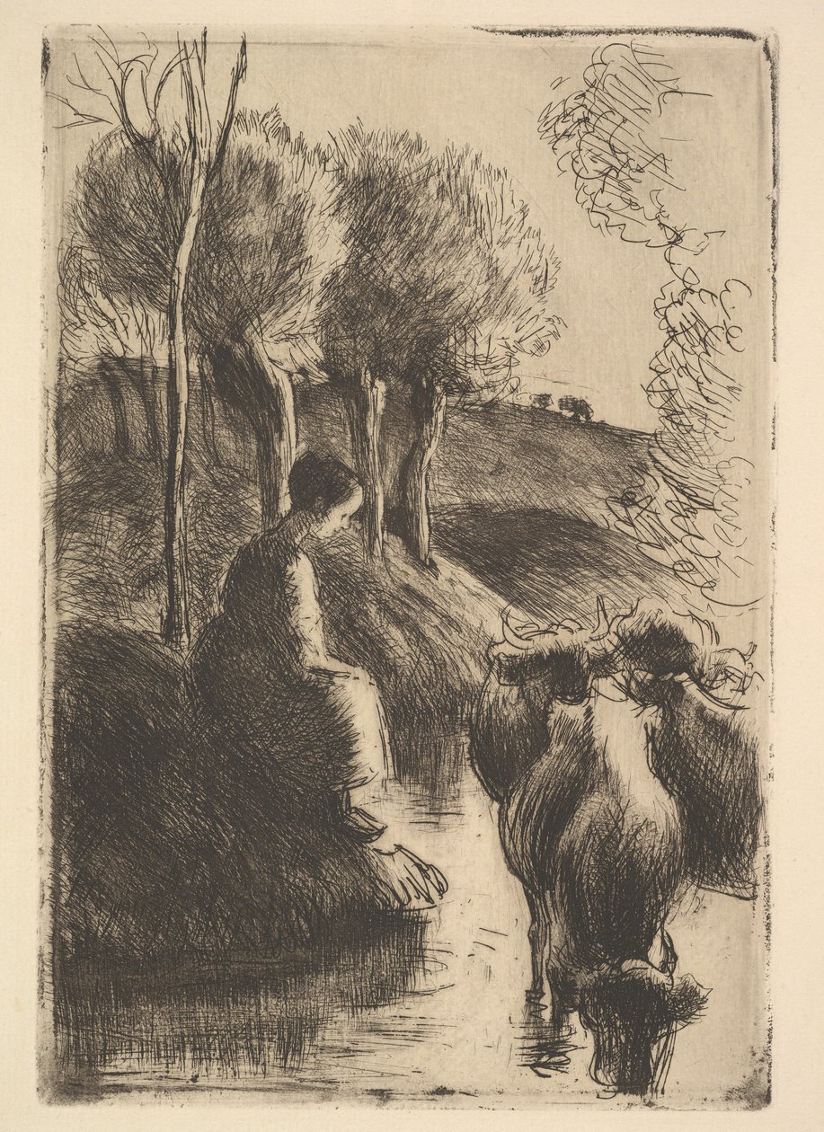 Cowherd, ved Waters Edge, 1890. af Camille Jacob Pissarro