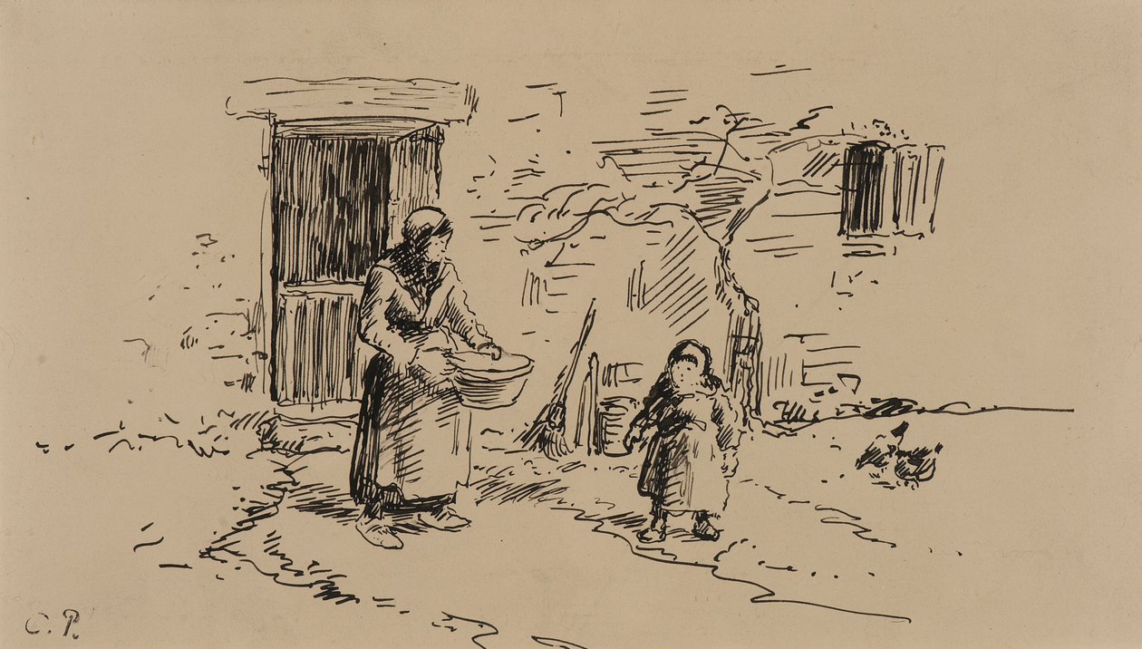 Farm Scene (pen og blæk på papir) af Camille Pissarro