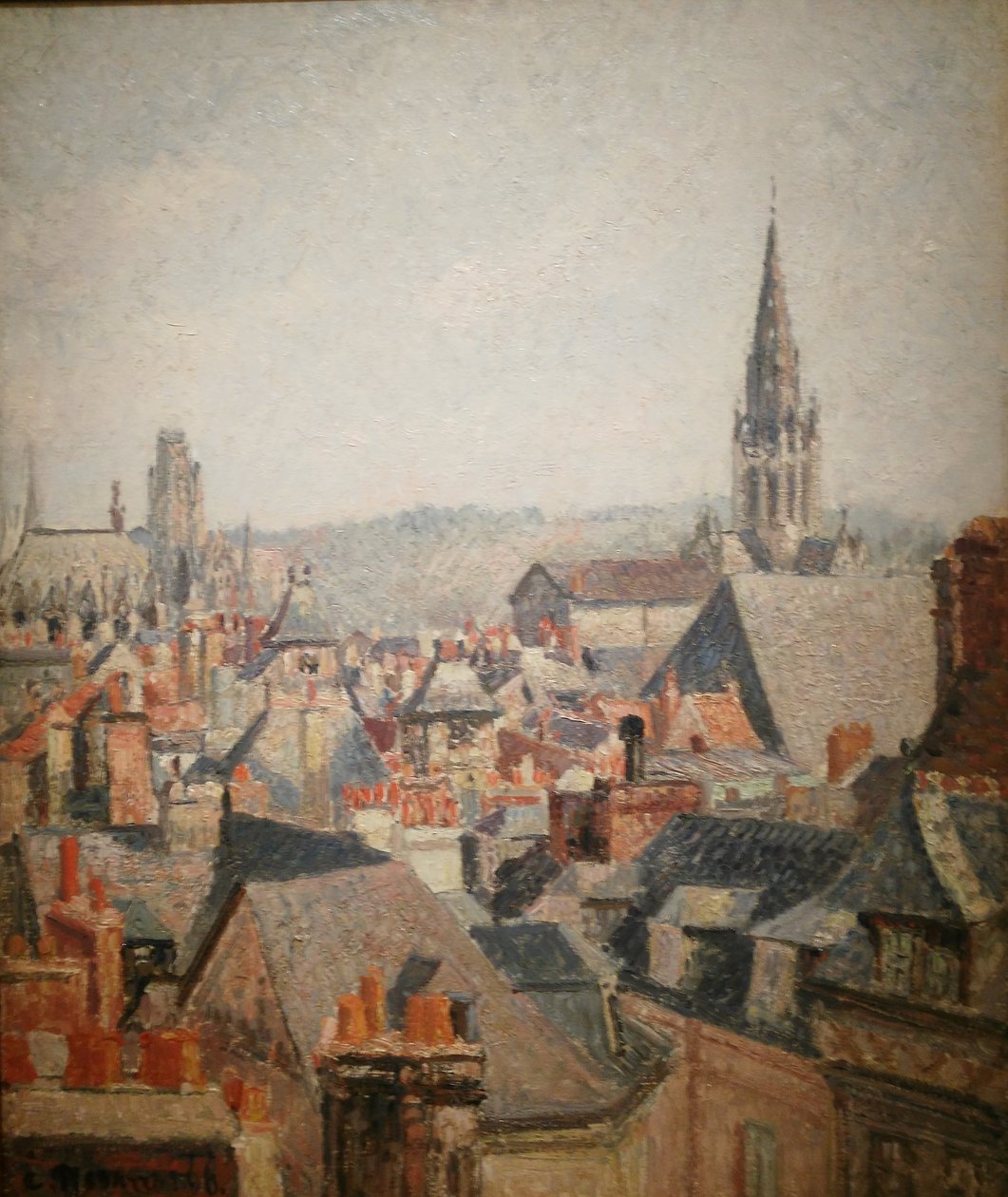 Fransk: Les toits du vieux Rouen, soleil
Tysk: Tagene på den gamle bydel i Rouen i solen af Camille Pissarro