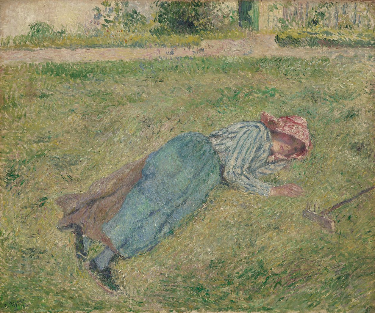 Pige, der ligger i græsset af Camille Pissarro