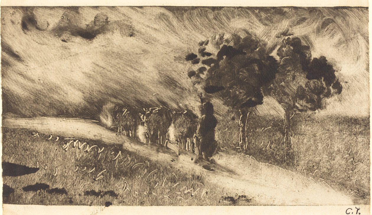 At hyrde køerne i skumringen af Camille Pissarro