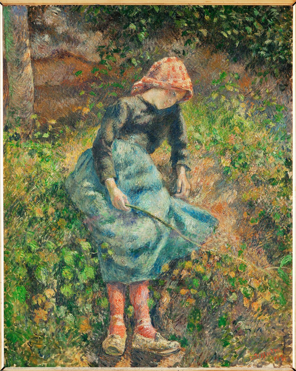 La bergere ou Jeune fille a la baguette, paysanne assise (olie på lærred) af Camille Pissarro