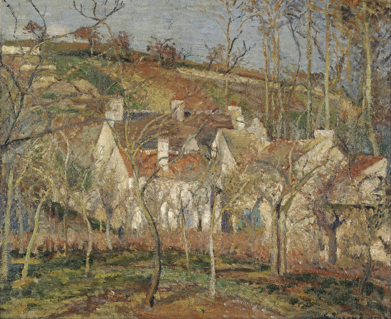 Røde tage, landsbyhjørne, vintereffekt af Camille Pissarro