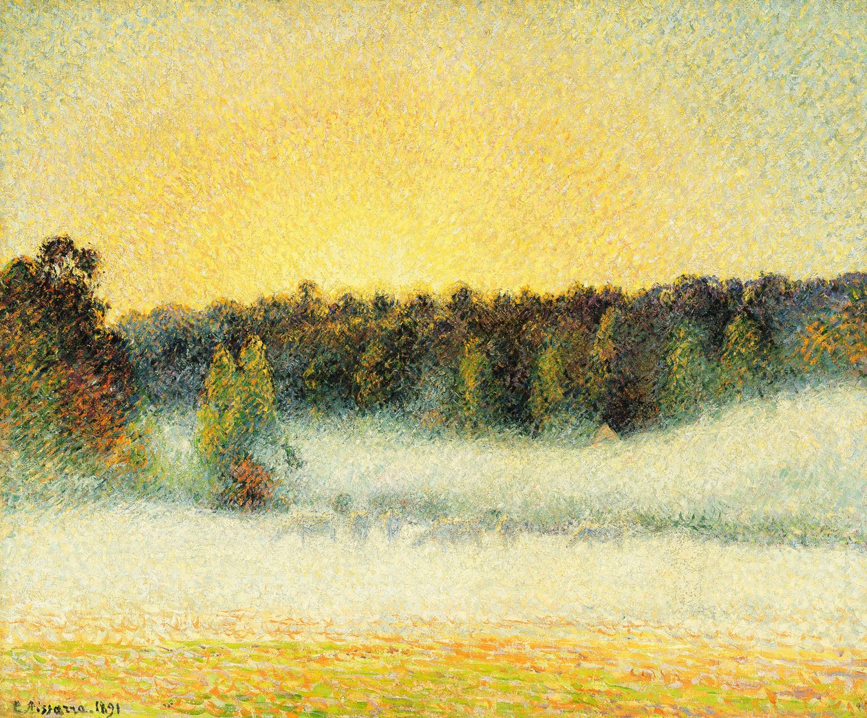 Misty solnedgang ved Eragny af Camille Jacob Pissarro
