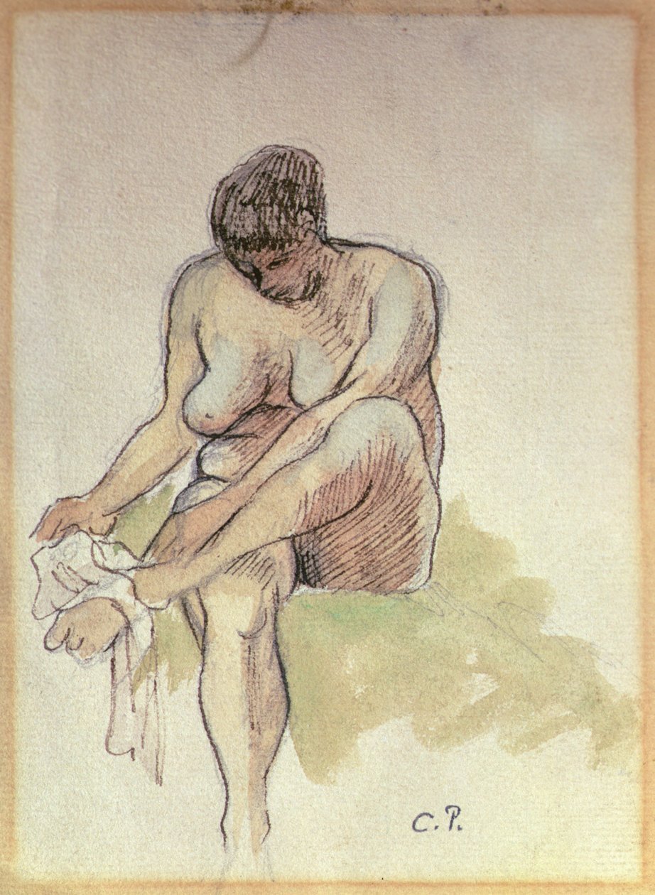 Nøgen kvinde tørrer venstre fod (blyant, vask og pen og sepia blæk på papir) af Camille Pissarro