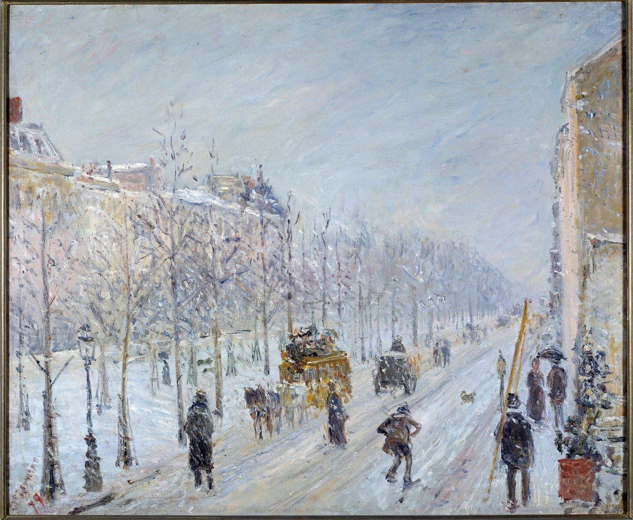 Parisian Boulevard med sne af Camille Pissarro
