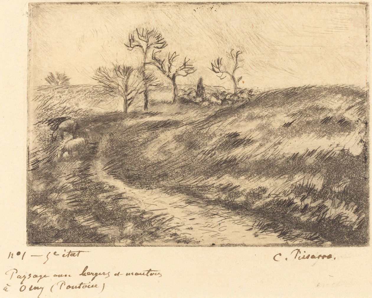 Landskab med hyrde og får ved Osny Pontoise, 1883. af Camille Pissarro