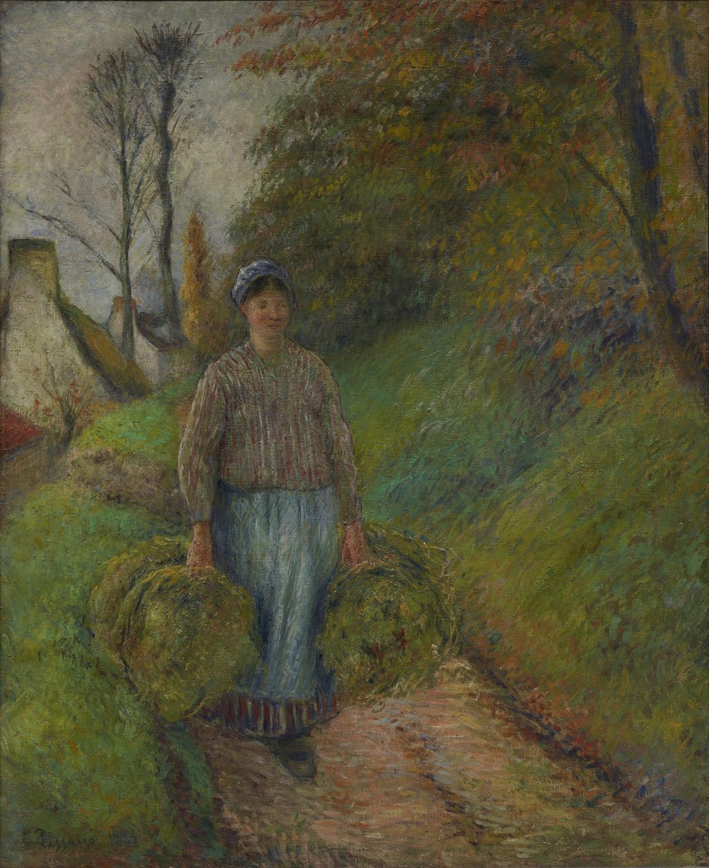 Bondekvinde, der bærer to bundter hø af Camille Pissarro