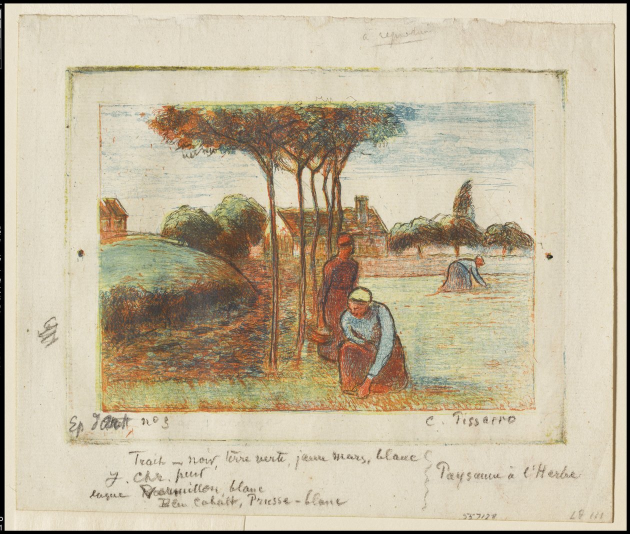 Bondekvinder, der luger græsset, ca. 1894 (ætsning trykt i blåt, rødt, gult og sort på cremefarvet papir) af Camille Jacob Pissarro