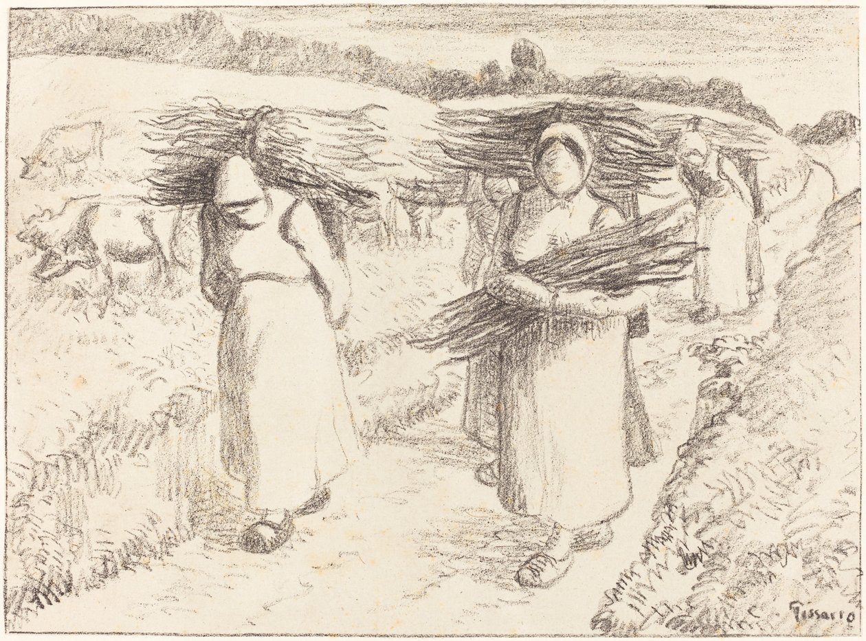 Bønder, der bærer stokke af Camille Pissarro
