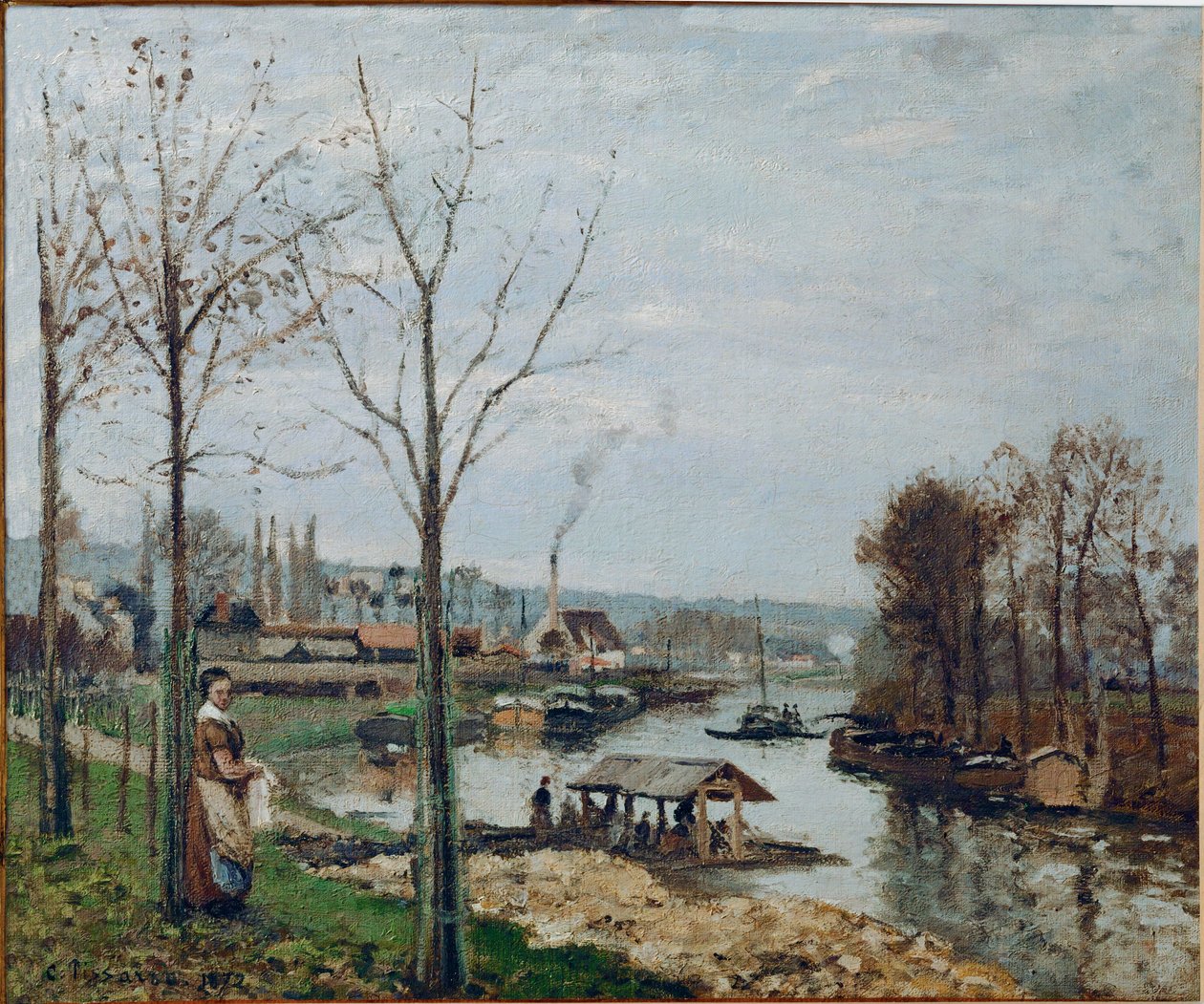 Port-Marly, vaskehuset (olie på lærred) af Camille Pissarro