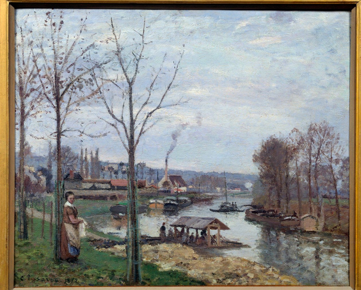 Port Marly (Port-Marly), vaskehuset Udsigt over et vaskehus ved Seinen. Maleri af Camille Pissarro (1830-1903) 1872 søn. 0,46x0,56 m Paris, musee d
