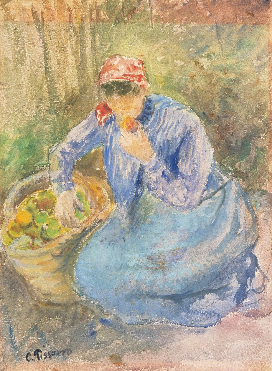 Siddende bondekvinde med en kurv med æbler (akvarel) af Camille Pissarro