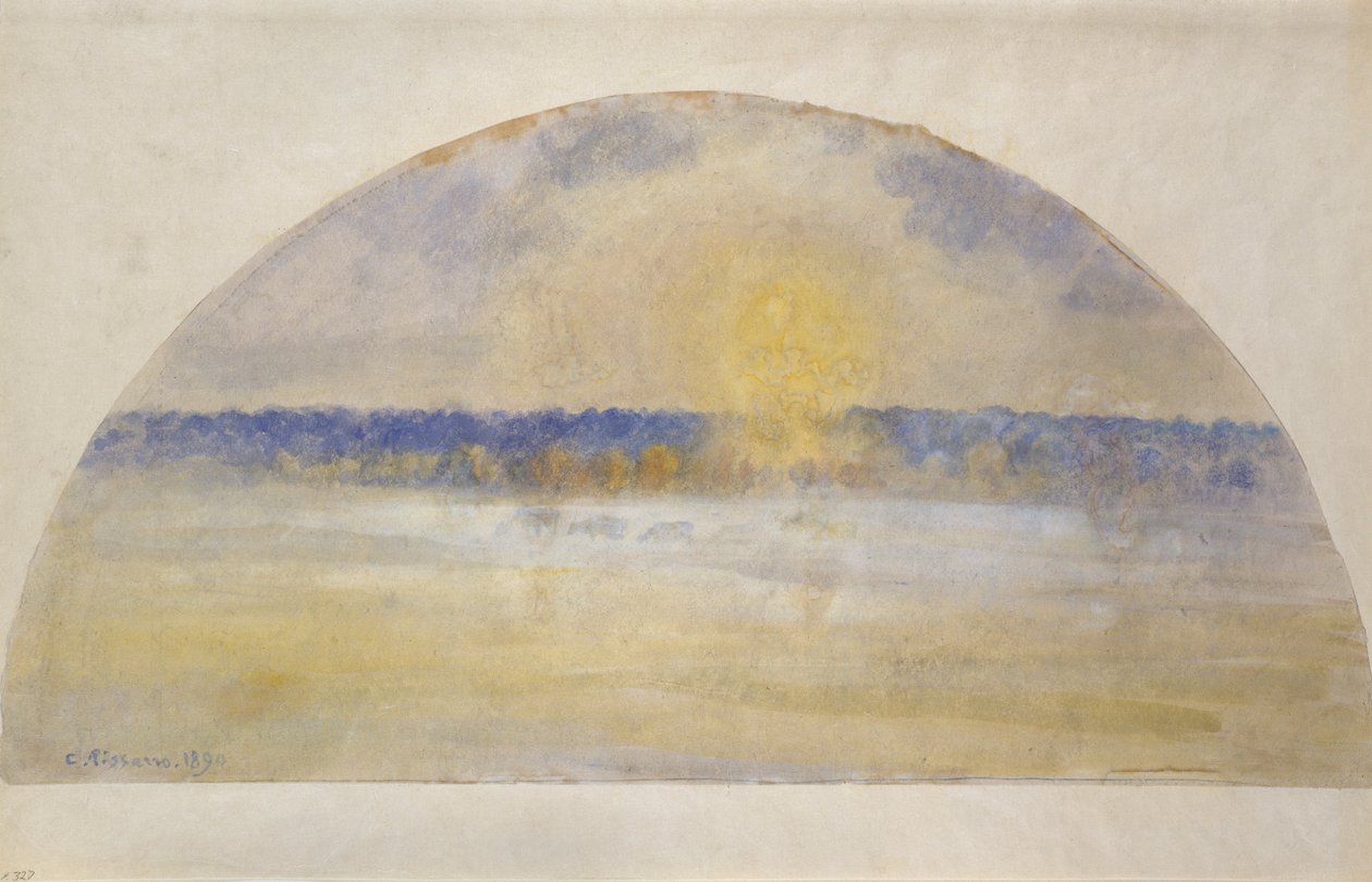 Nedgående sol og tåge, Eragny, 1891 af Camille Pissarro