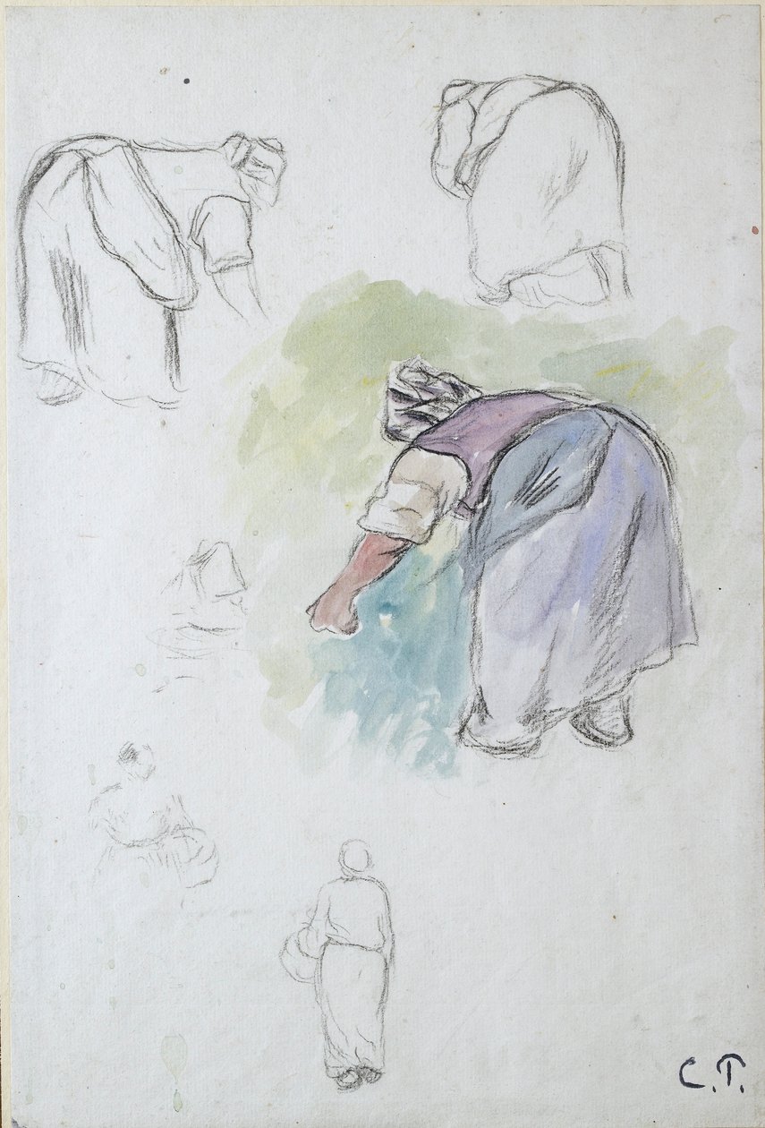 Studieark: fire undersøgelser af en kvindelig bonde, der bøjer sig, og to undersøgelser af en kvinde, der holder en bas af Camille Pissarro