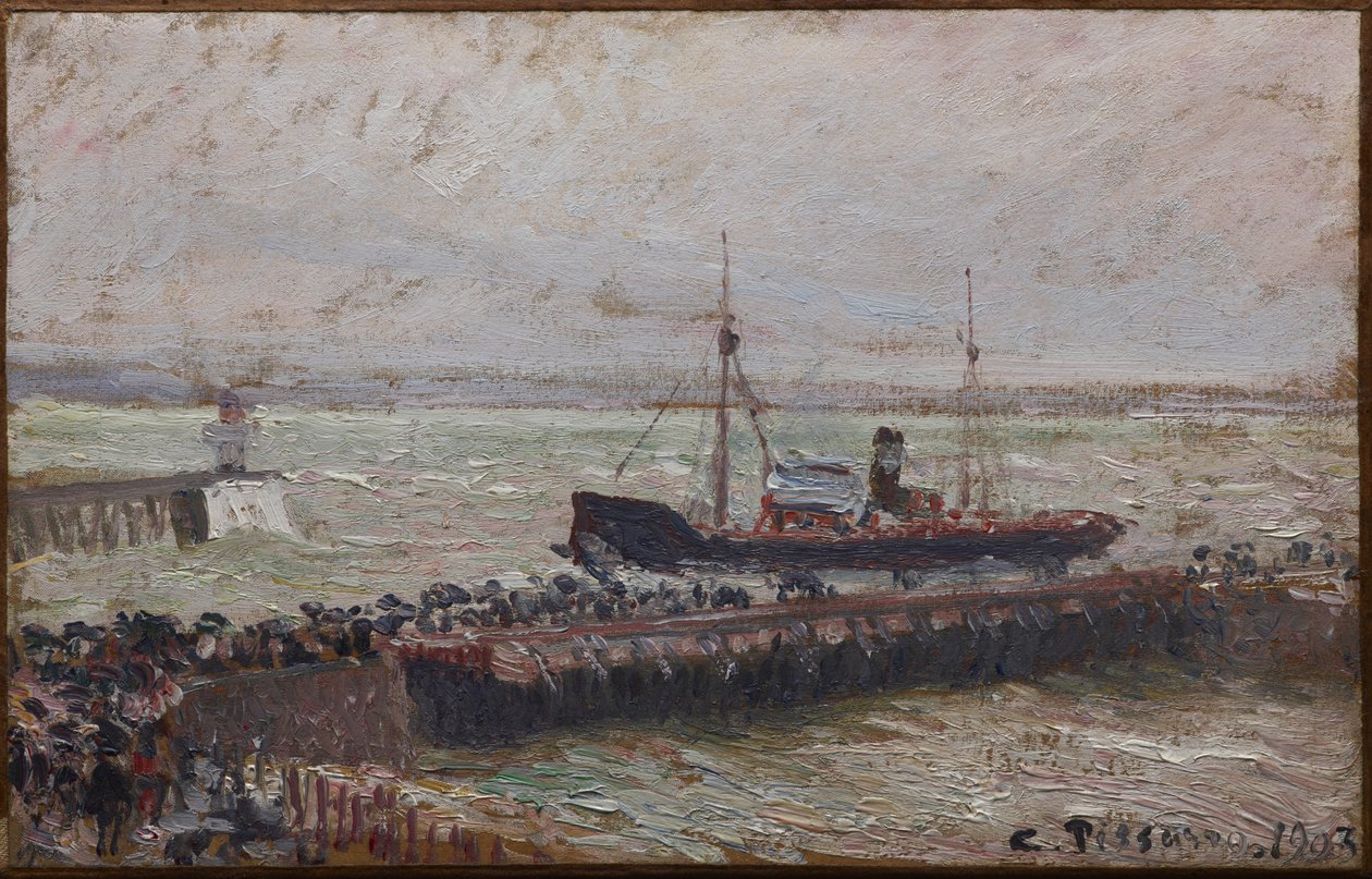 Skib på vej ind i havnen ved Le Havre af Camille Jacob Pissarro