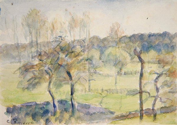 Forår (akvarel over sort kridt på papir) af Camille Pissarro