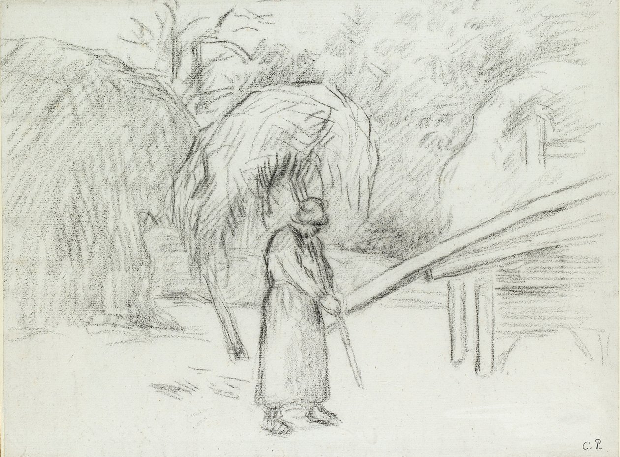 Studie af en kvindelig bonde, der bærer et læs hø på gården ved Foucault, c1875 af Camille Pissarro