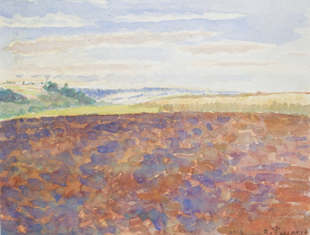Studie af et landskab med en pløjet mark, Eragny-sur-Epte, c1886-1890 af Camille Pissarro