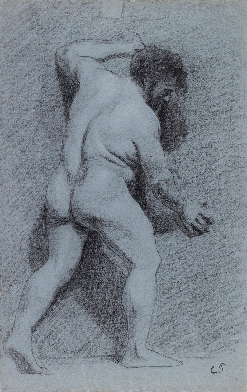 Studie af en nøgen mand poseret mod en væg set i profil mod højre, 1856-1860 af Camille Pissarro