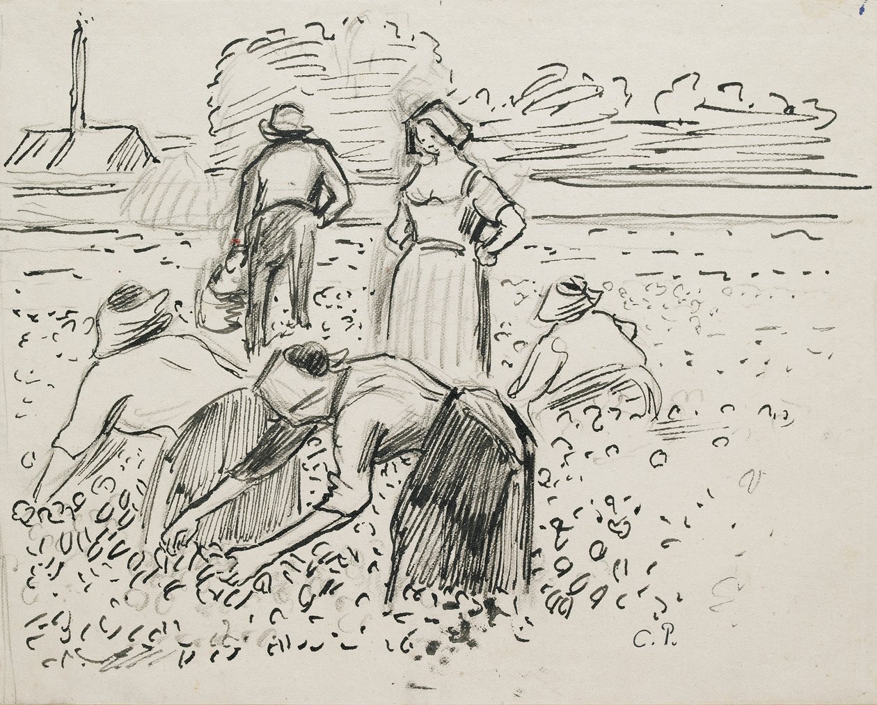 Studie af fem bondefigurer, der arbejder på en mark, 1887 af Camille Pissarro