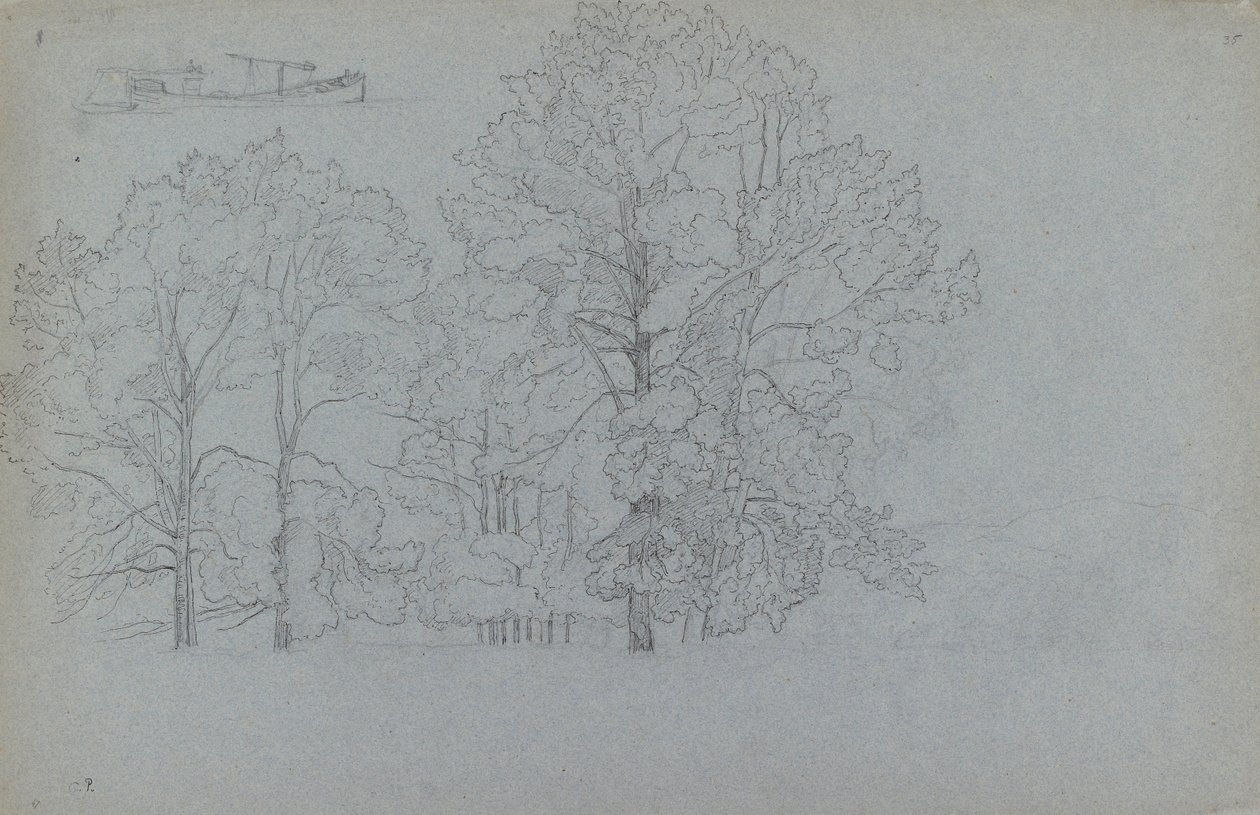 Studie af træer, med en lille undersøgelse af en pram, 1859 af Camille Pissarro