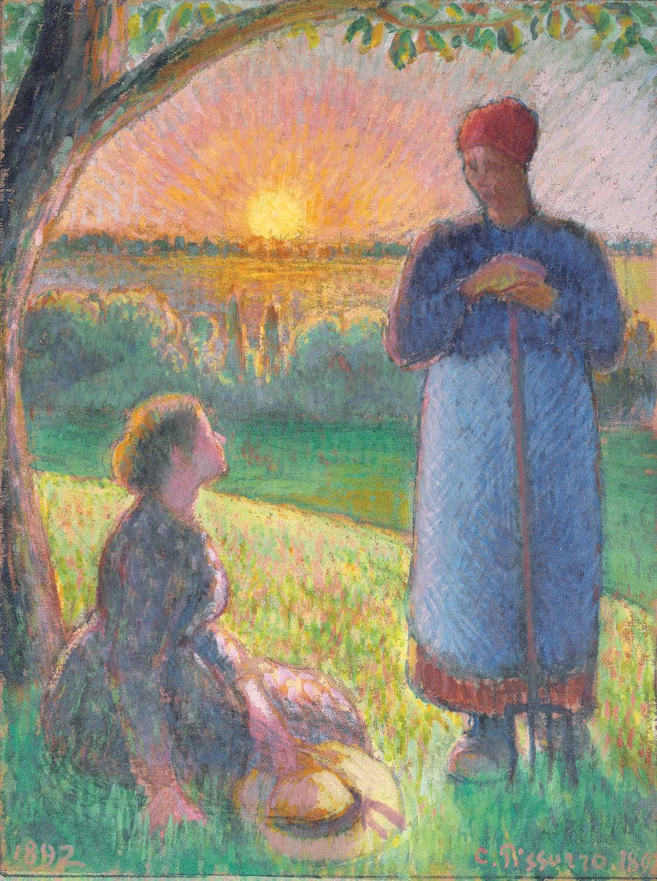 Talende bønder, solnedgang, Eragny af Camille Pissarro