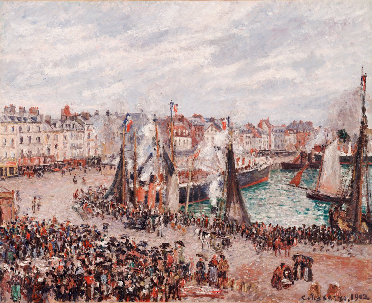 Fiskemarkedet, Dieppe: Gråvejr, morgen af Camille Pissarro