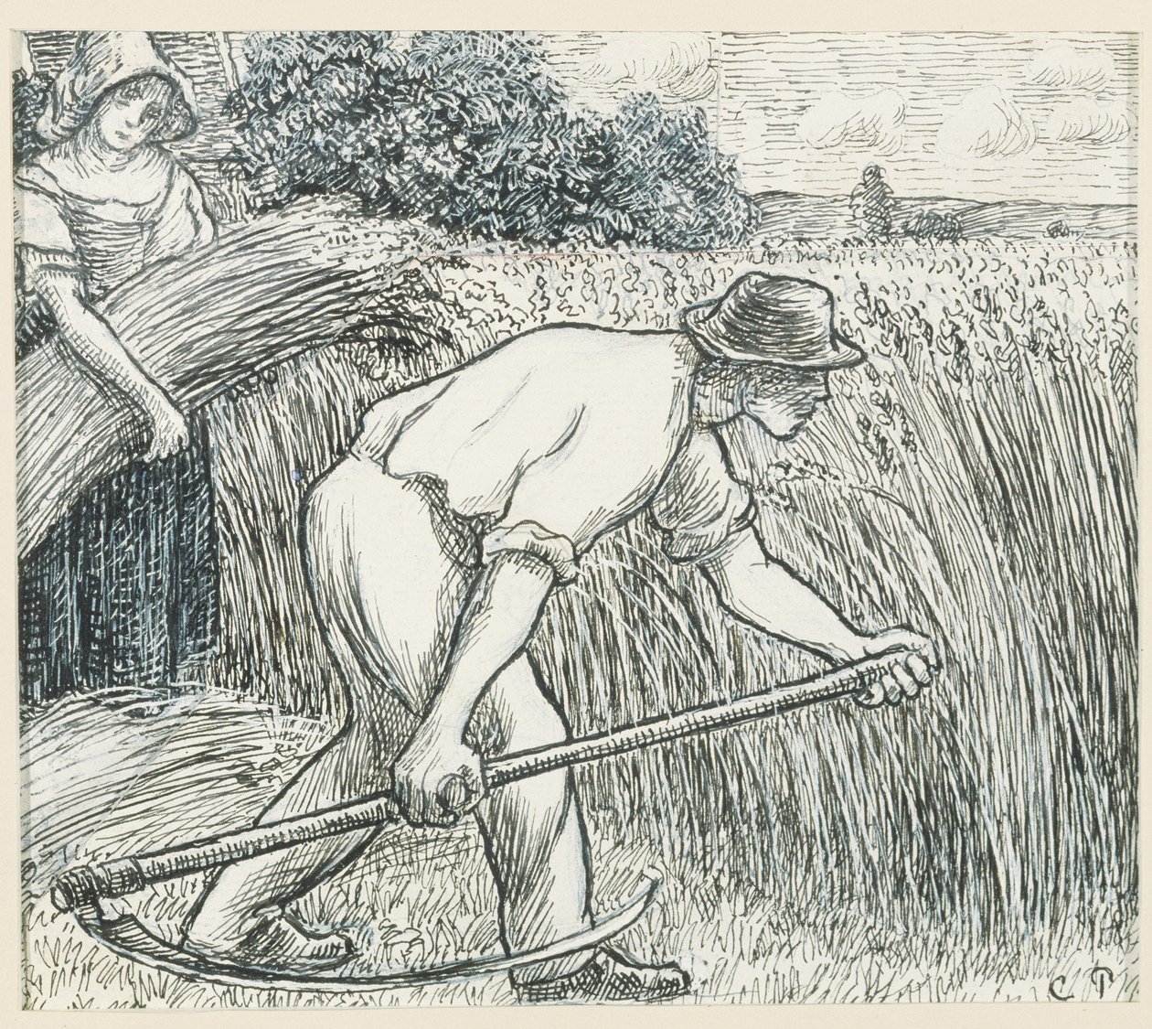 The Harvest, ca. 1895 (pen og blæk med blyhvid gouache på papir) af Camille Jacob Pissarro