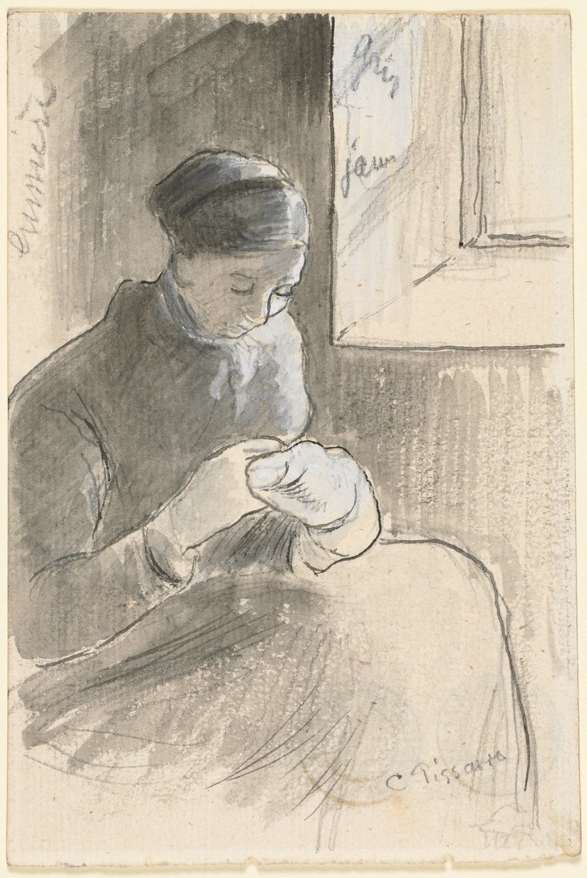 The Mender, ca. 1881 (pen og sort blæk, pensel og grå vask over grafit, fremhævet med hvid gouache) af Camille Pissarro