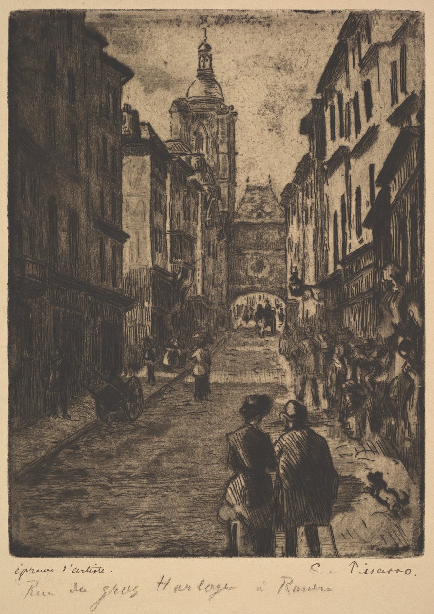 The Street of the Grand Clock, Rouen, 1885. af Camille Jacob Pissarro