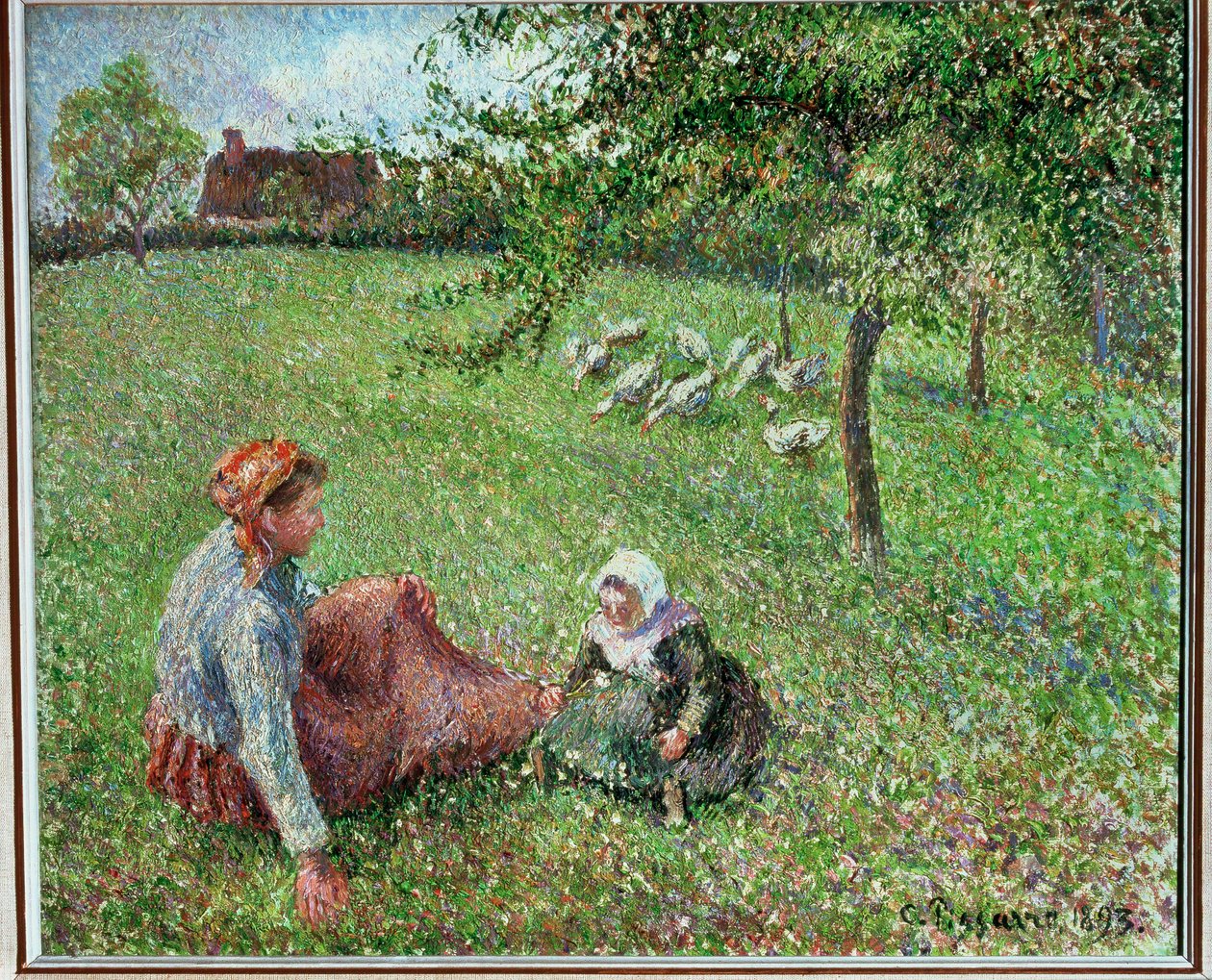 Gæs på græs (olie på lærred) af Camille Pissarro