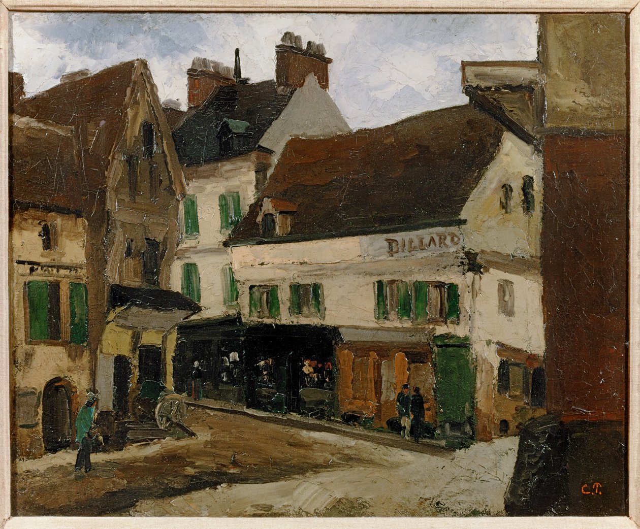 Une place a la Roche-Guyon - bytorv i La Roche-Guyon ... (maleri på lærred) af Camille Pissarro