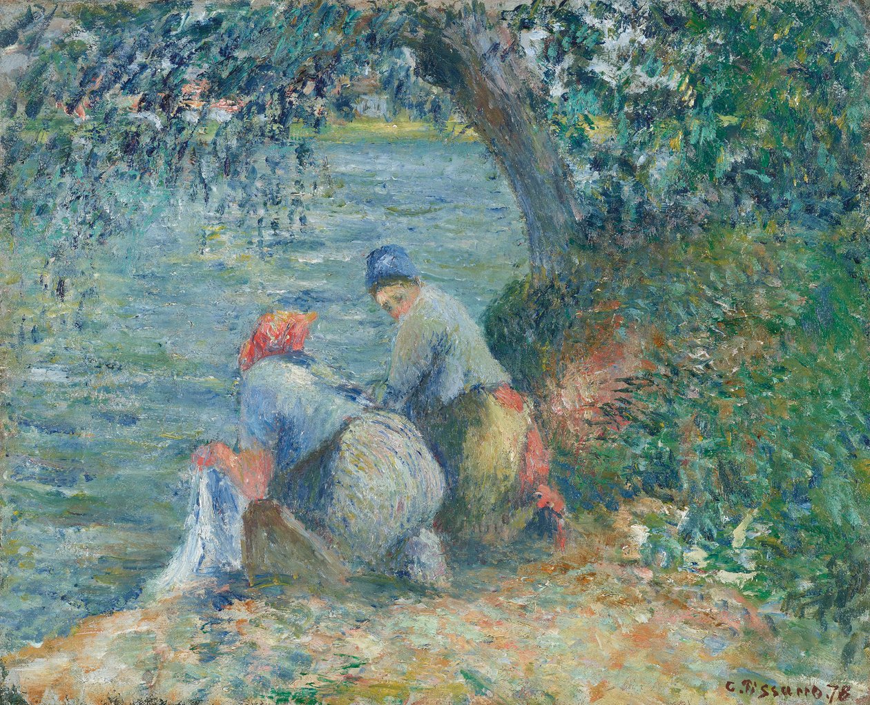 Vaskekvinder ved vandkanten, Pontoise, 1878. af Camille Pissarro