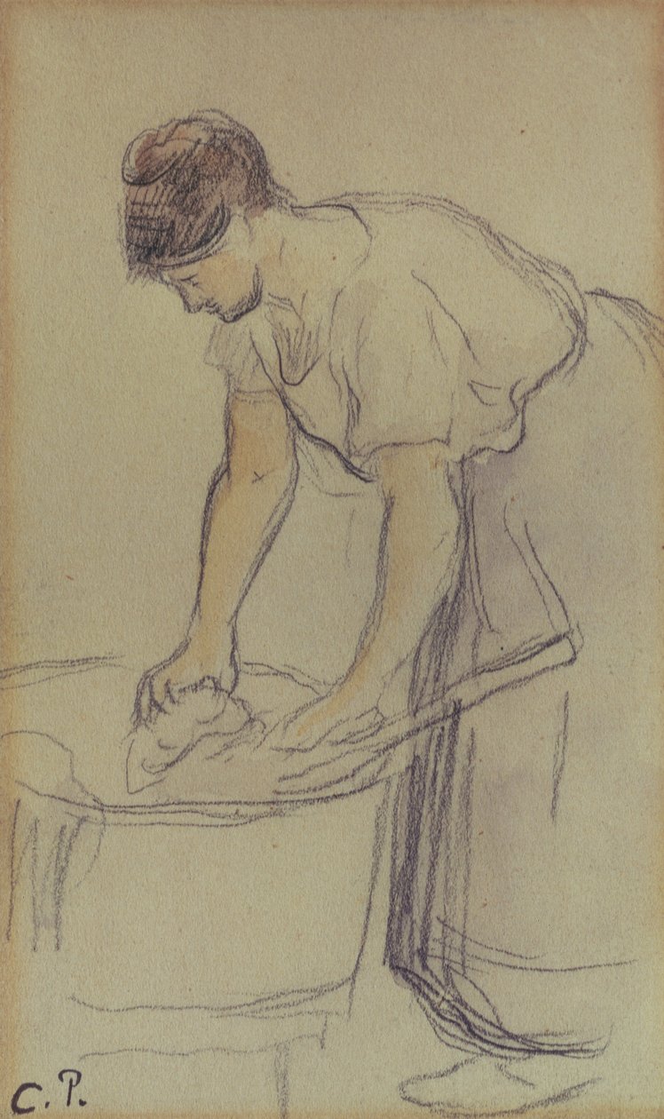 Kvinde vasker vasketøj (akvarel og blyant på papir) af Camille Pissarro